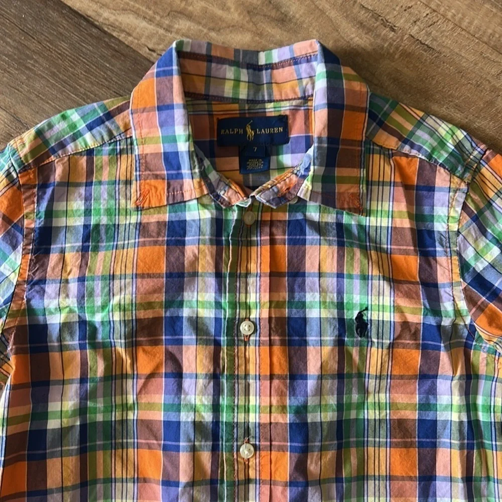 Ralph Lauren boys dress shirt size 7 orange,blue,green,yellow,white stripes